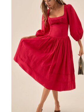 NEW $329 FOR LOVE AND LEMONS BETSY BOW POPLIN MIDI DRESS IN RED SIZE S